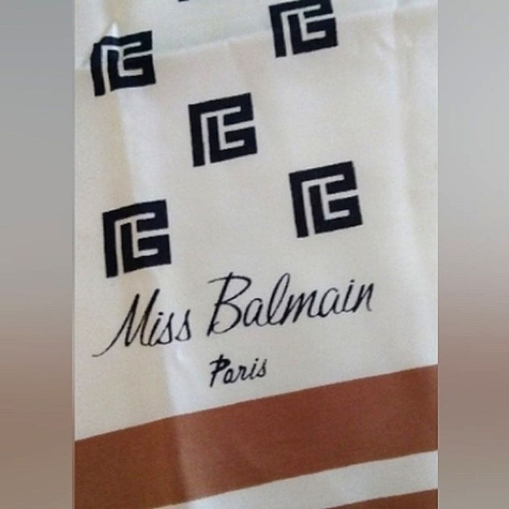 Miss Balmain ParisโFrance ๐ฏ Silk Scarf Black & Brown Logo Vintage